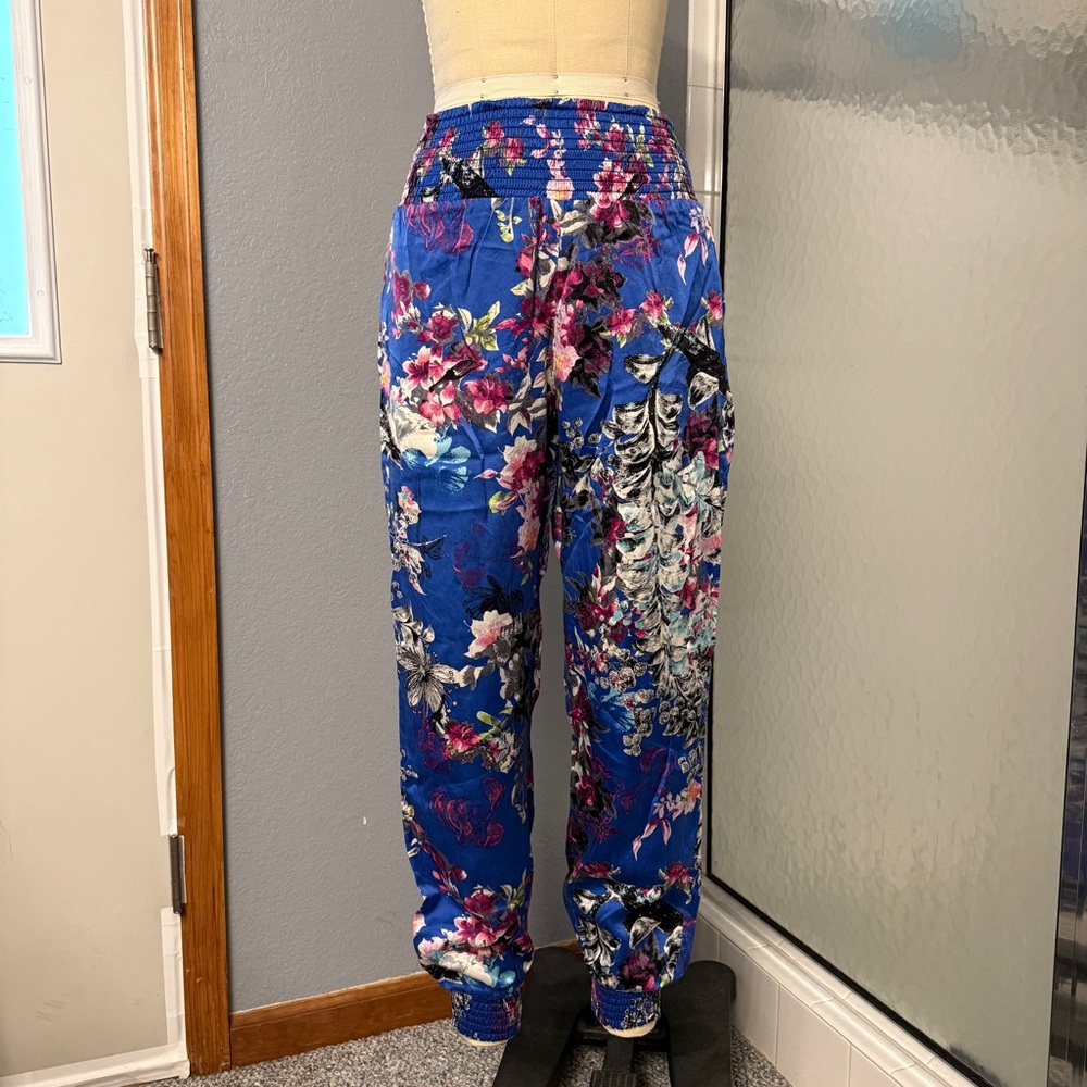 bebe Harem Pants Blue Floral Silk Cotton y2k 2000s S - Picture 4 of 10